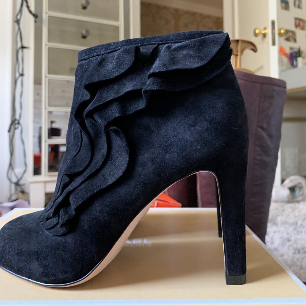 Suede Peep Toe Ruffle Bootie - Picture 3 of 3
